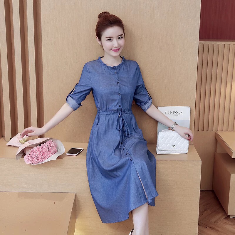 ĐẦM JEAN XÒE TAY DÀI CỔ BÈO TRÒN